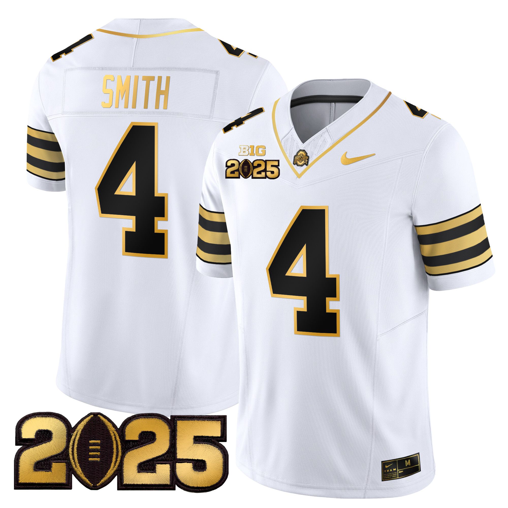 Men Ohio State Buckeyes #4 Smith White 2025 CFP Final Patch Gold Vapor Limited NCAA Jersey